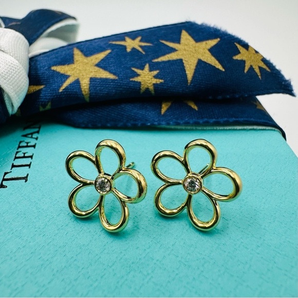 RARE Tiffany & Co. Diamond 18K Yellow Gold Garden Flower Earrings with Packaging - Picture 4 of 13